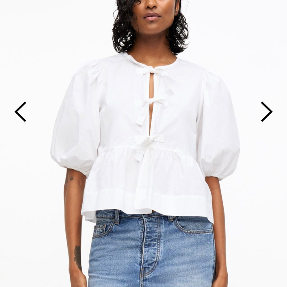 Ganni cotton poplin peplum tie blouse